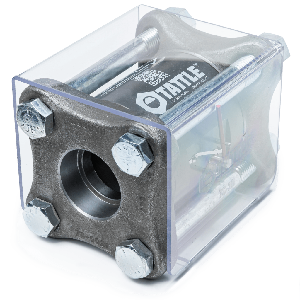The Tattle Shack 2"—2½" is a metal valve in a clear plastic housing with bolts and a central opening, compatible with Tattle Shack systems and offered in both 2-inch and 2.5-inch sizes for versatile use.