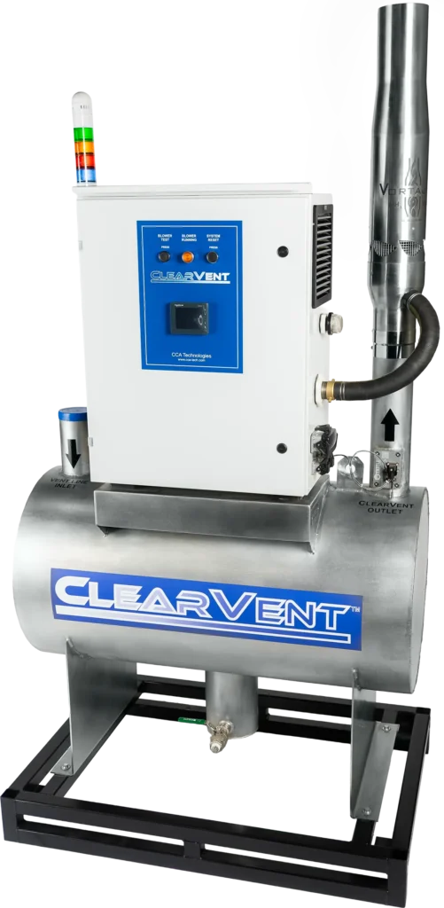 A ClearVent industrial machine with a control panel, indicator lights, and labeled pipes, mounted on a metal frame. The device has CLEARVENT branding on the cylindrical tank section.