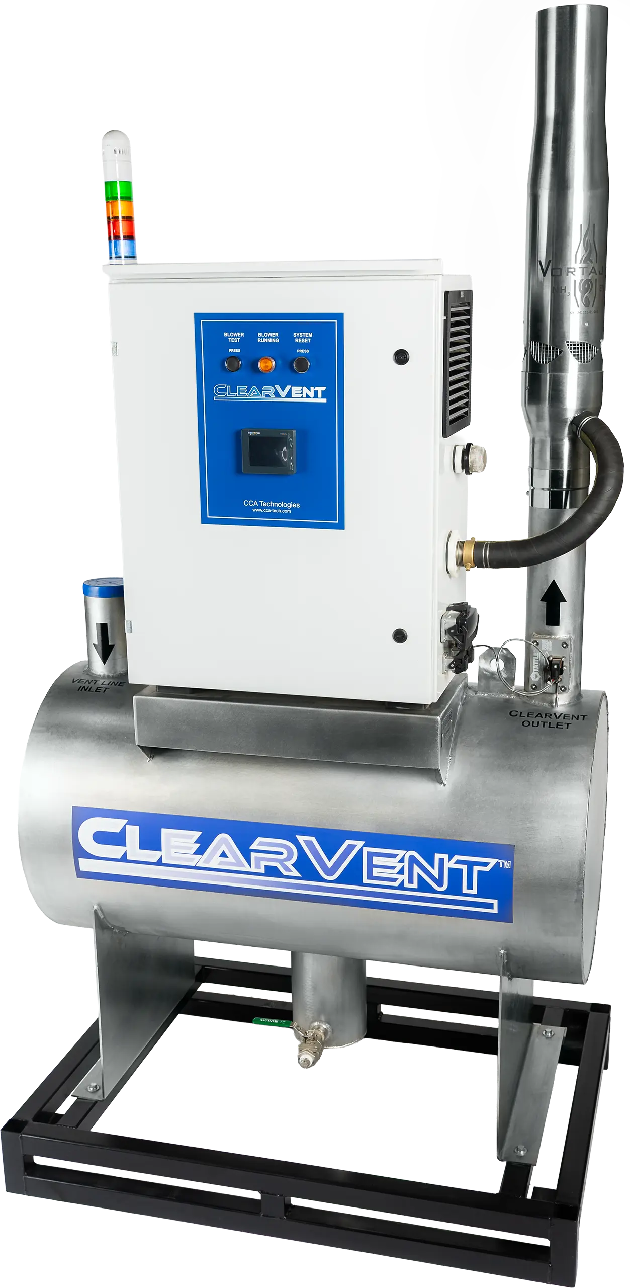 A ClearVent industrial machine with a control panel, indicator lights, and labeled pipes, mounted on a metal frame. The device has CLEARVENT branding on the cylindrical tank section.
