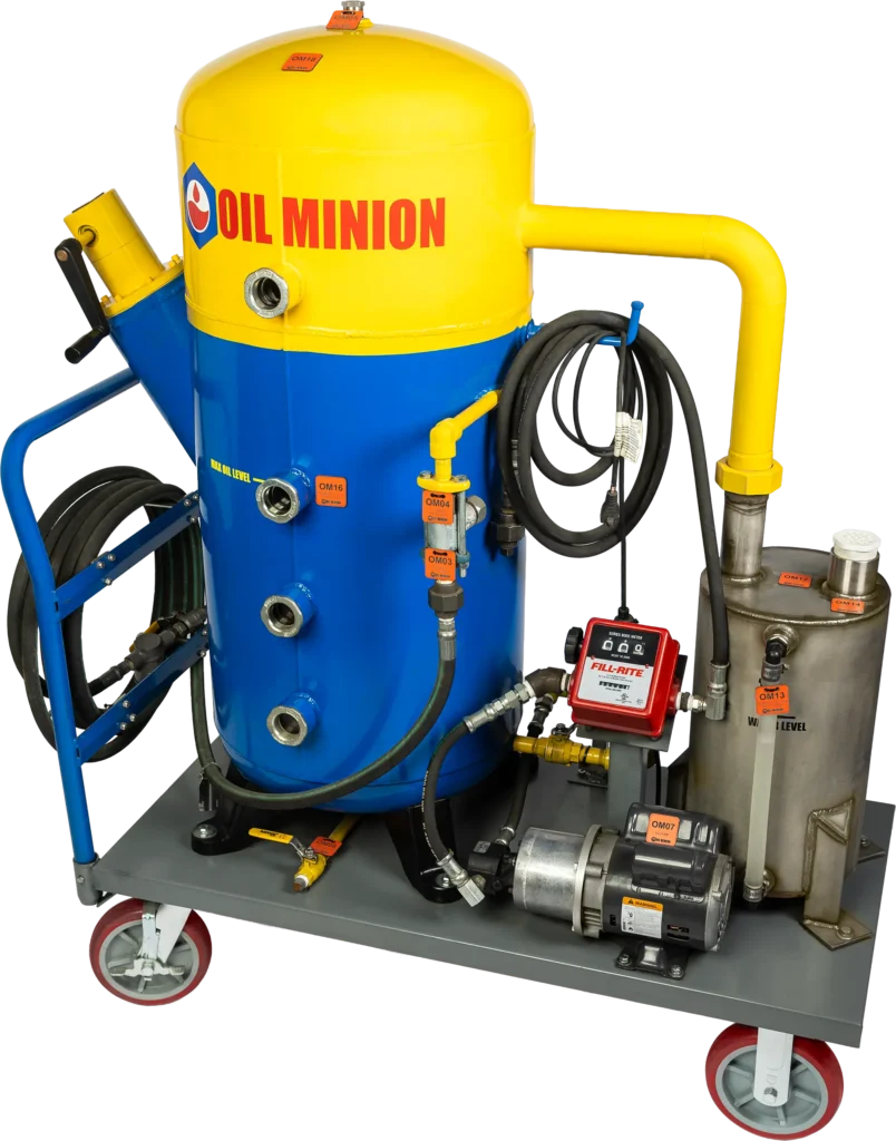 A mobile industrial machine labeled Oil Minion, featuring a large blue and yellow tank, gauges, hoses, a motor, and a red meter, all mounted on a wheeled cart for oil filtration or transfer.