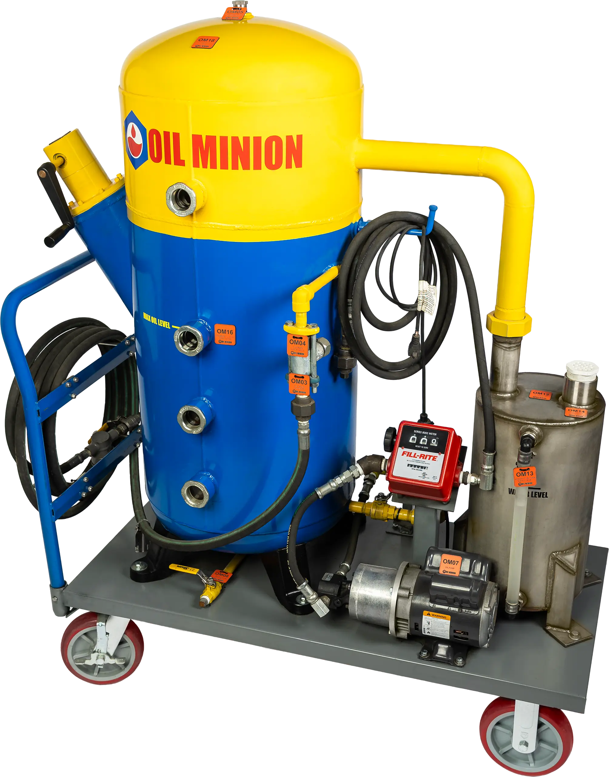 A mobile industrial machine labeled Oil Minion, featuring a large blue and yellow tank, gauges, hoses, a motor, and a red meter, all mounted on a wheeled cart for oil filtration or transfer.