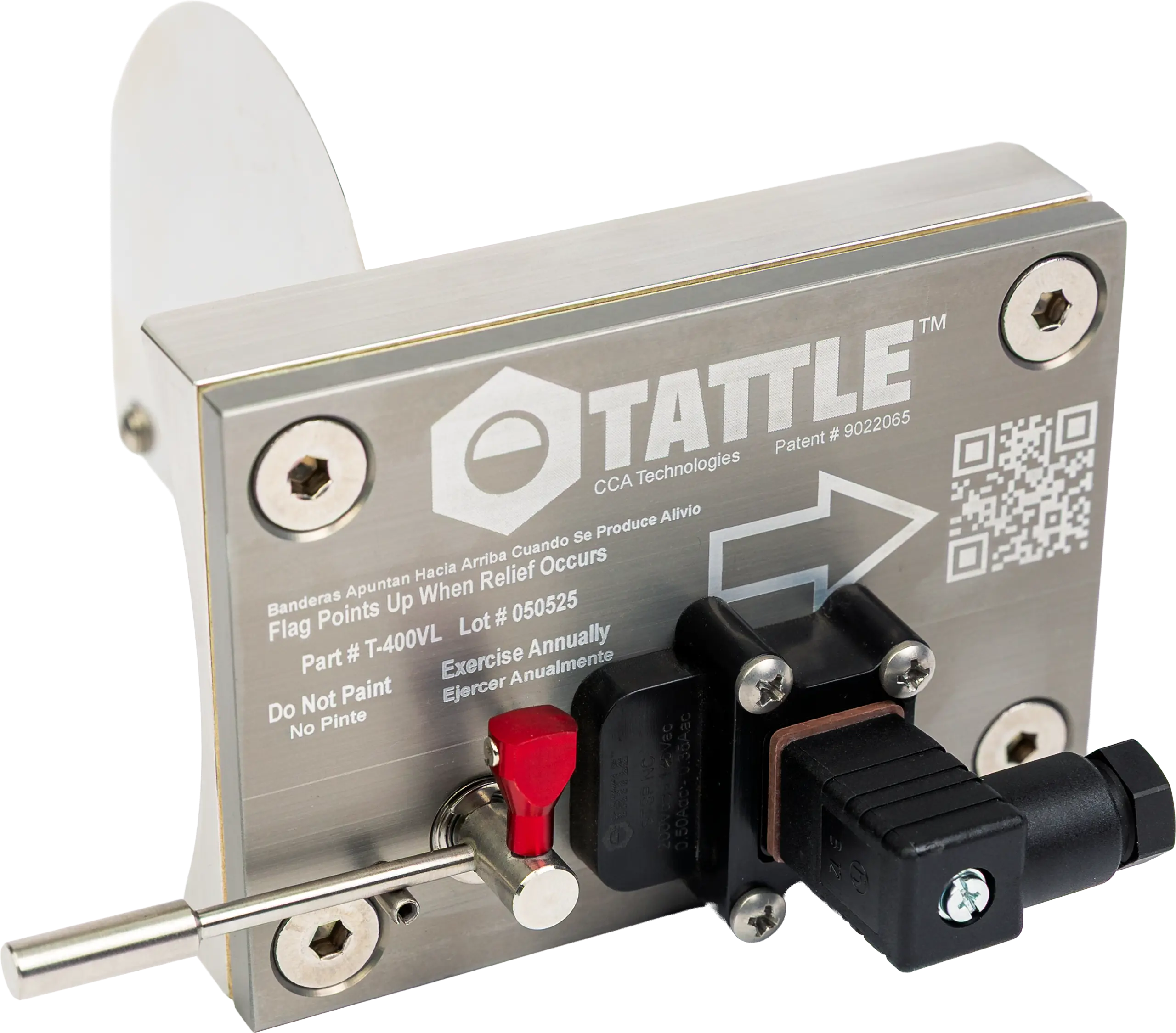 A close-up of a Tattle brand industrial safety device with a metal plate, red flag indicator, black sensor, and engraved instructions, including a QR code and patent number.
